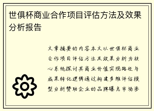 世俱杯商业合作项目评估方法及效果分析报告